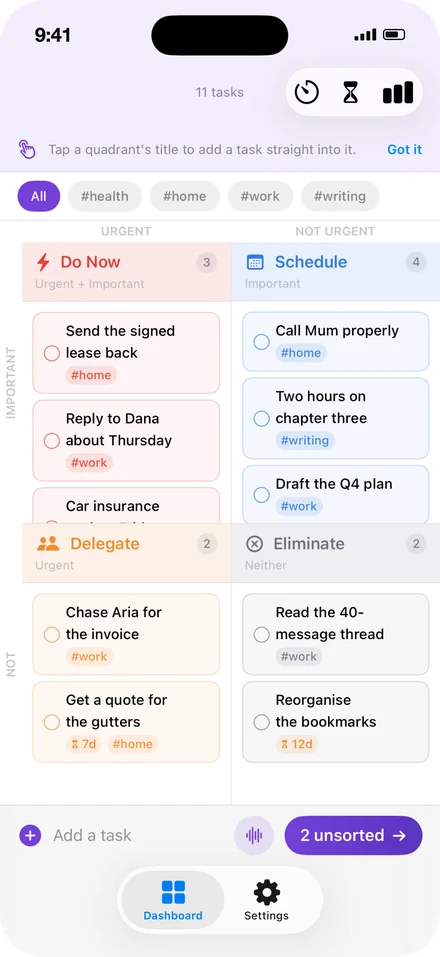 The Taskrix dashboard on iPhone: eleven tasks sorted into four quadrants — Do Now, Schedule, Delegate and Eliminate — with tags like #work and #home, and a capture bar at the bottom.