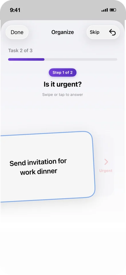 The Taskrix organizer asking “Is it urgent?” about the task “Send invitation for work dinner”, with a card ready to be swiped and a step 1 of 2 badge.