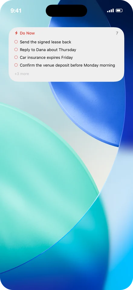 An iPhone home screen with the medium Taskrix widget listing four Do Now tasks and a count of seven.